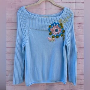 VTG J Jill size L blue floral embroidered boat neck cotton ribbed sweater Y2K